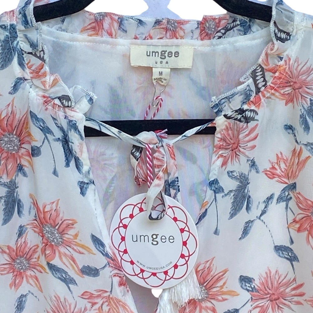 Umgee Lightweight Floral Dress Womens Size Medium NWT White Ruffle Tie Tassels - Picture 3 of 11